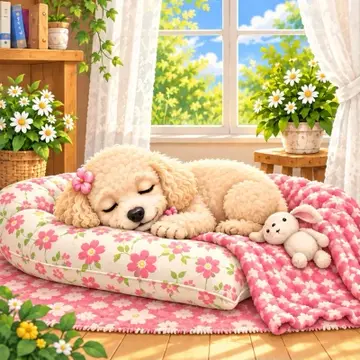 Poodle napping on a quilt