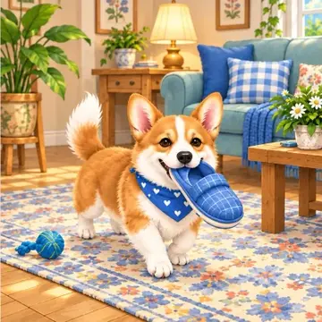 Corgi carrying a slipper