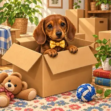 Dachshund in a cardboard box